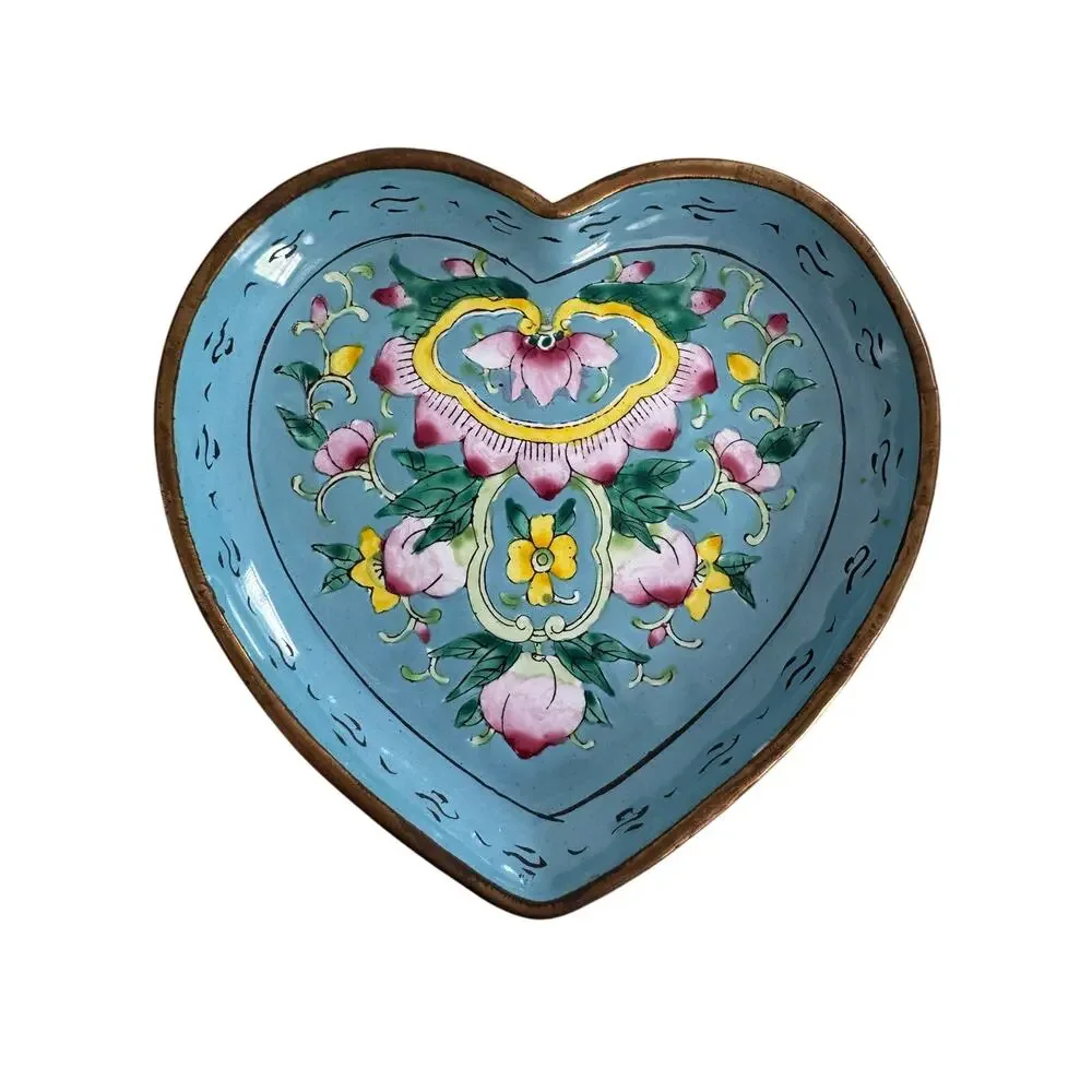 Vintage Chinese Peking Enamel Heart Shaped Dish With Lotus Decoration.